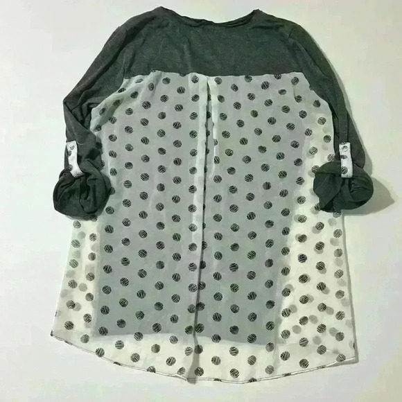 Stitch Fix Pixley | Mixed Material Gray Top with Semi-Sheer Polka Dot Back - Picture 4 of 7